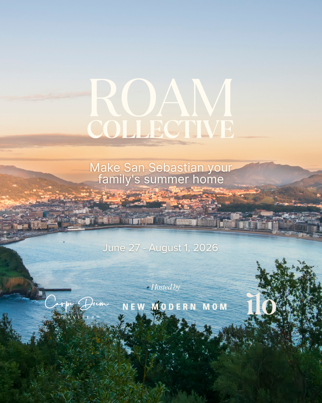 Scenic view of San Sebastian bay at sunset with Roam Collective event details, June 27 - August 1, 2026.