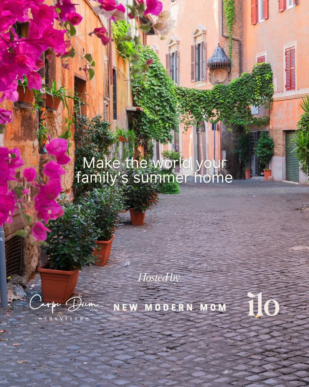 Charming European alley with pink flowers and vine-covered walls promoting family summer travel and exploration.